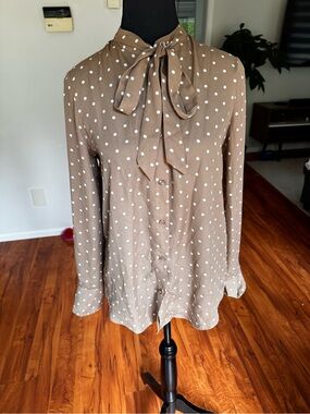Suzy Shier Brown Polka Dot Tie-Neck Blouse